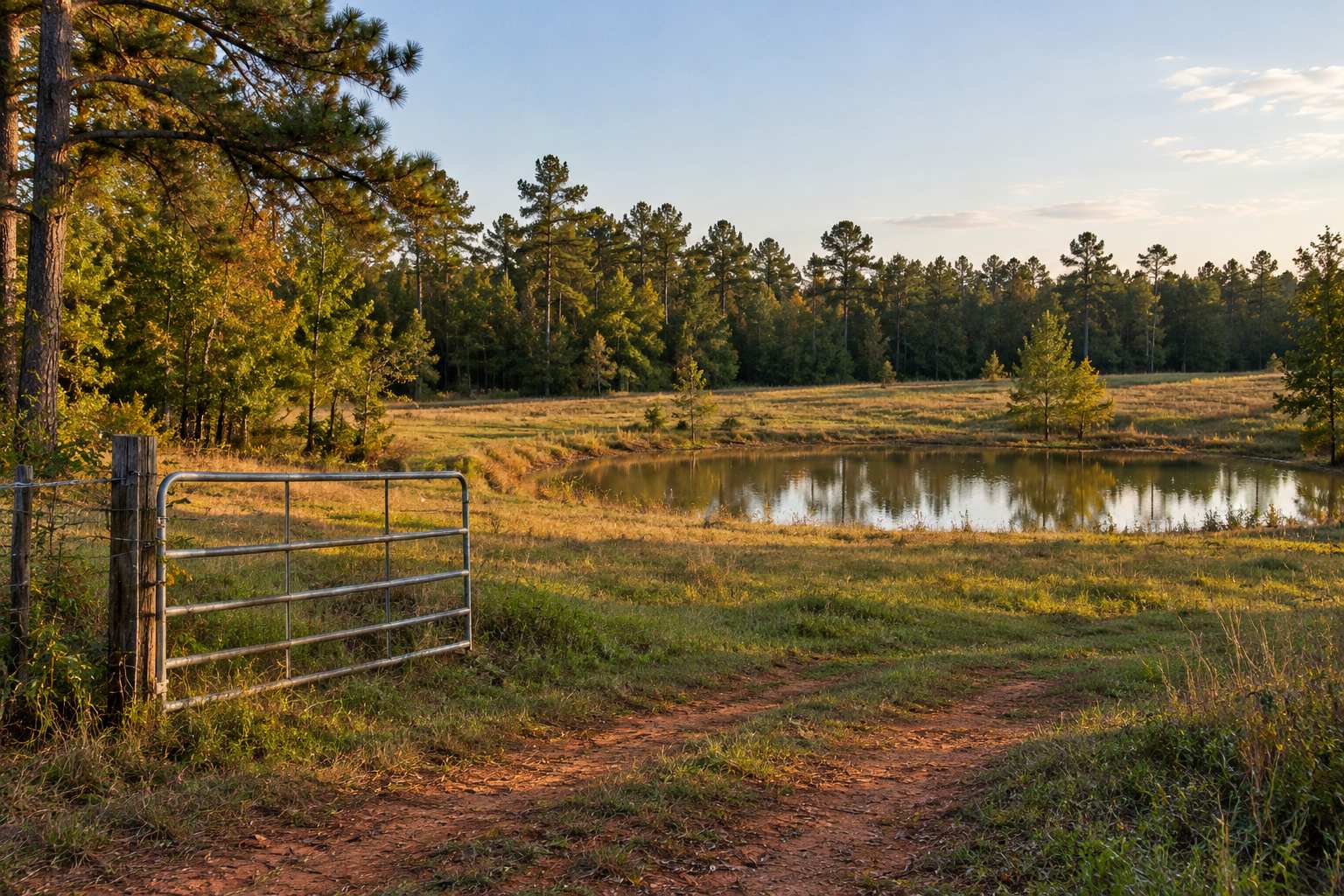 East Texas pasture with a pond and pine tree line