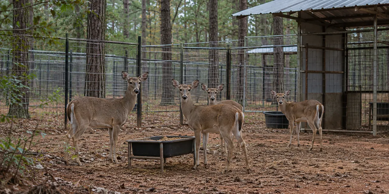 Connected deer pens with tall wire fencing under pine trees, a metal-roof shed, white-tailed does in a pen