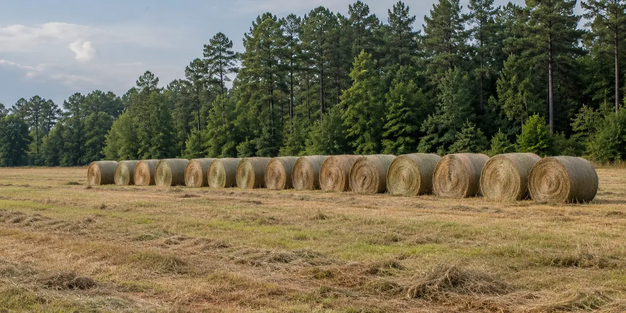 Round hay bales in a cut field with a pine tree line behind