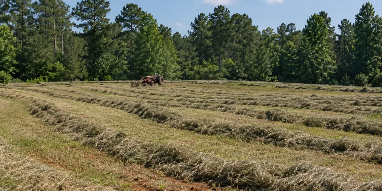 Windrows of cut hay drying across a field, a tractor far in the distance