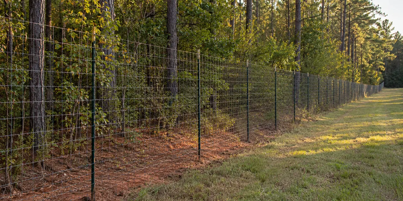 A tall woven-wire game fence running along the edge of a pine forest