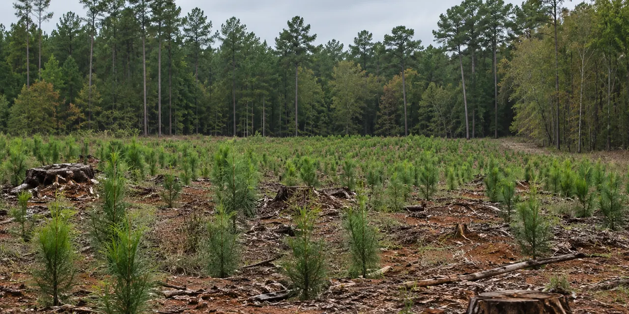 Rows of knee-high pine seedlings across a cleared tract, mature pines behind