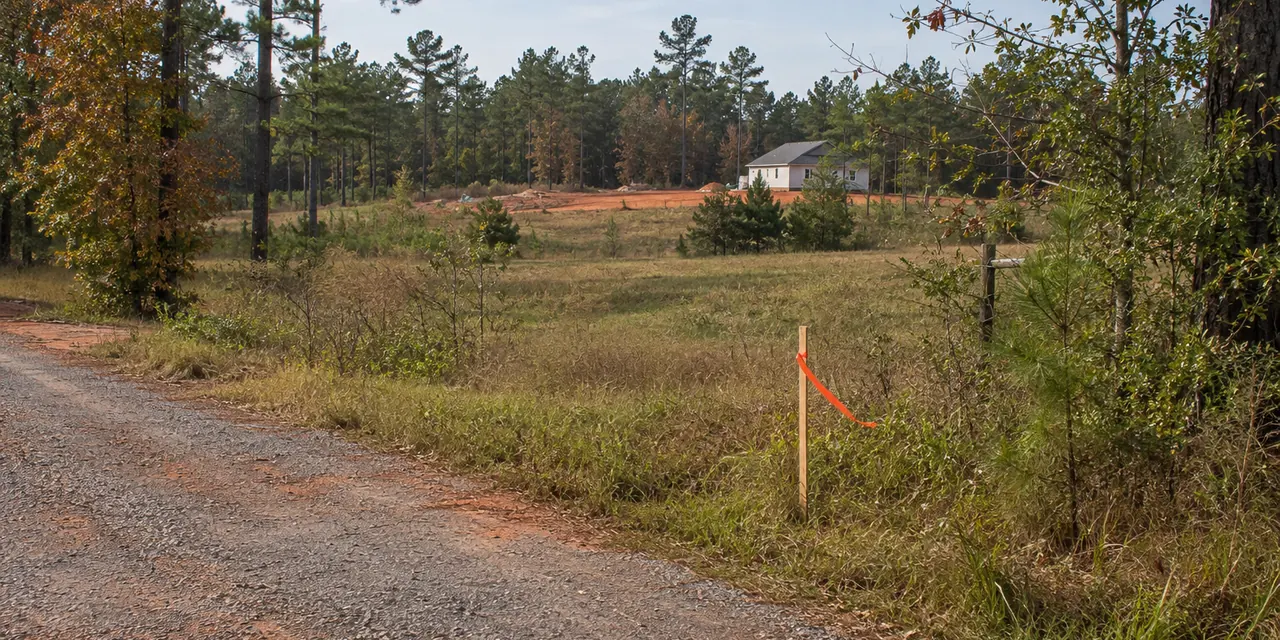 A survey stake with orange flagging at a pasture corner by a gravel road, a new house in the distance