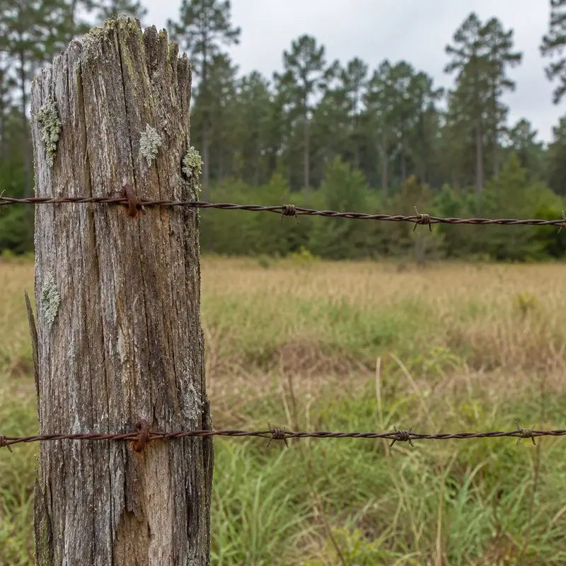 Barbed-wire fence post at the edge of a pine-bordered pasture